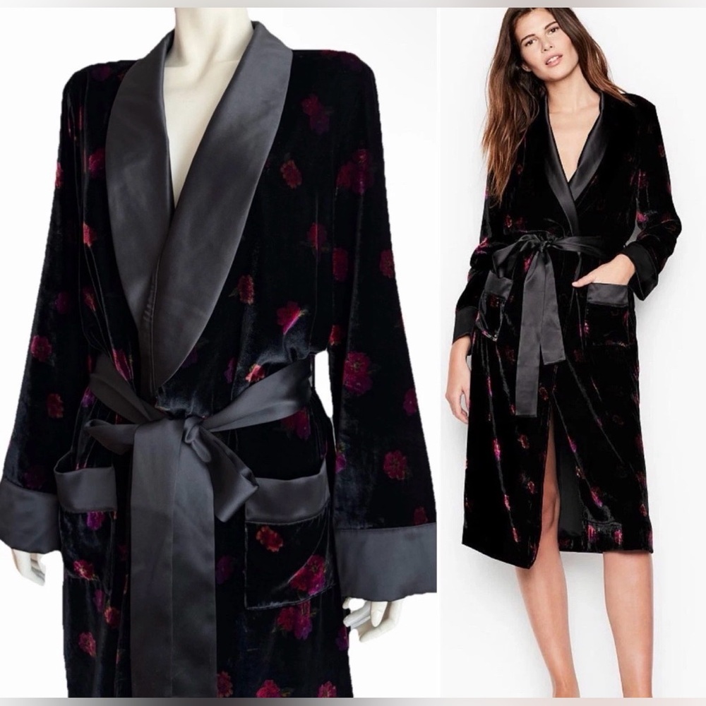 NWT Victoria Secret VS Long Velour Black Floral Robe Size LARGE Womens Lingerie
